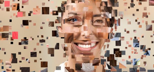Collage of pixels forming human face