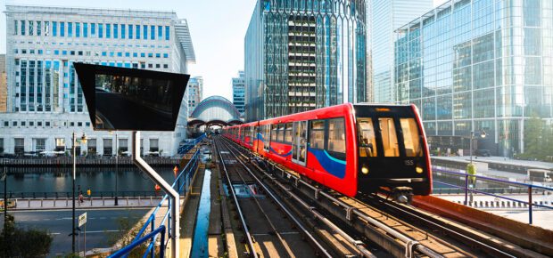 DLR train in Canary Wharf, London, UK