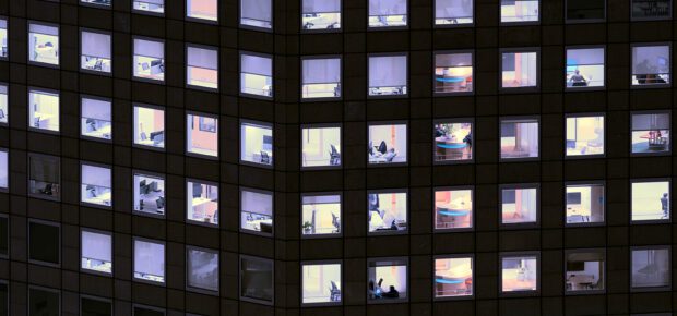 Office building with illuminated window pattern